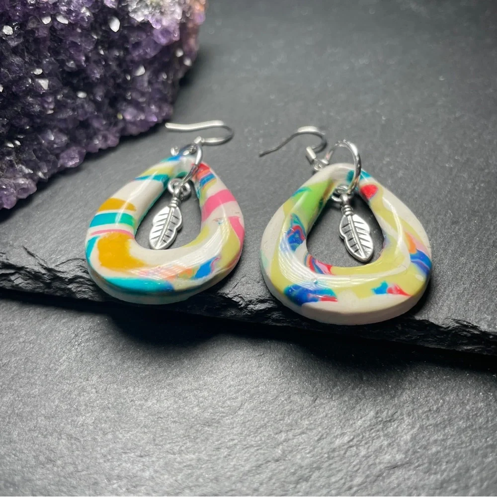 Custom Made Clay Teardrop Earrings With Antique Silver Feather Charms - Picture 5 of 11